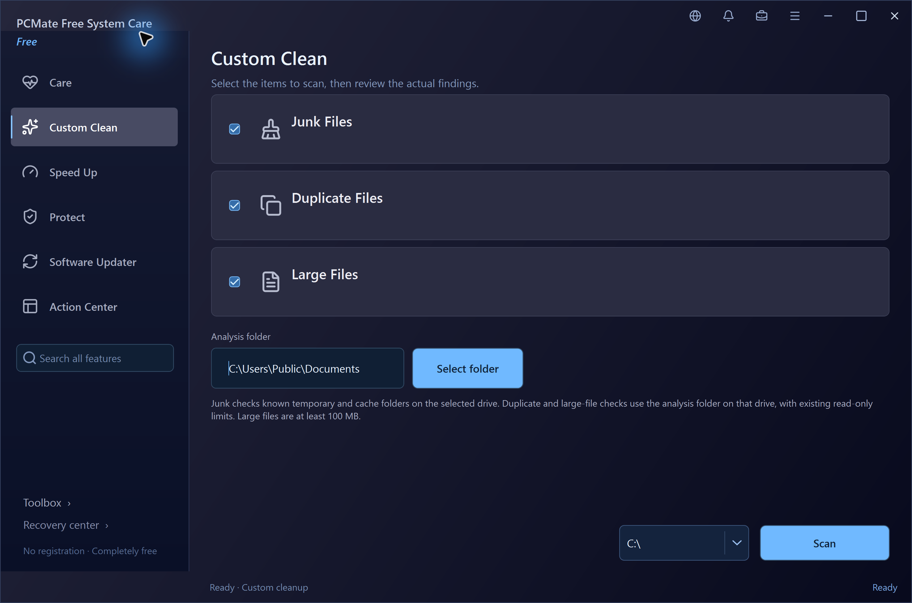 PCMate Free System Care Custom Clean in the real Windows application