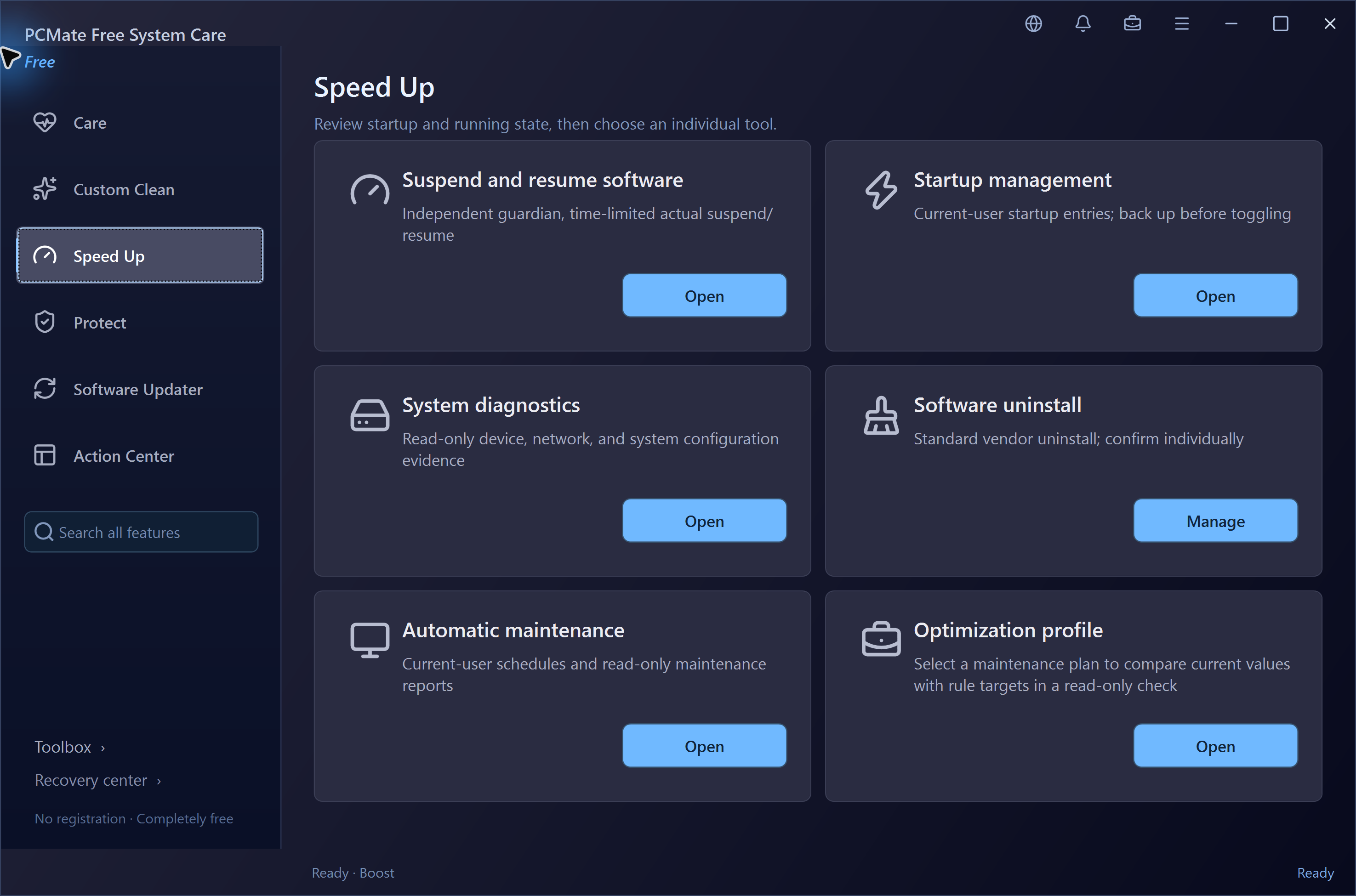 PCMate Free System Care Speed Up in the real Windows application