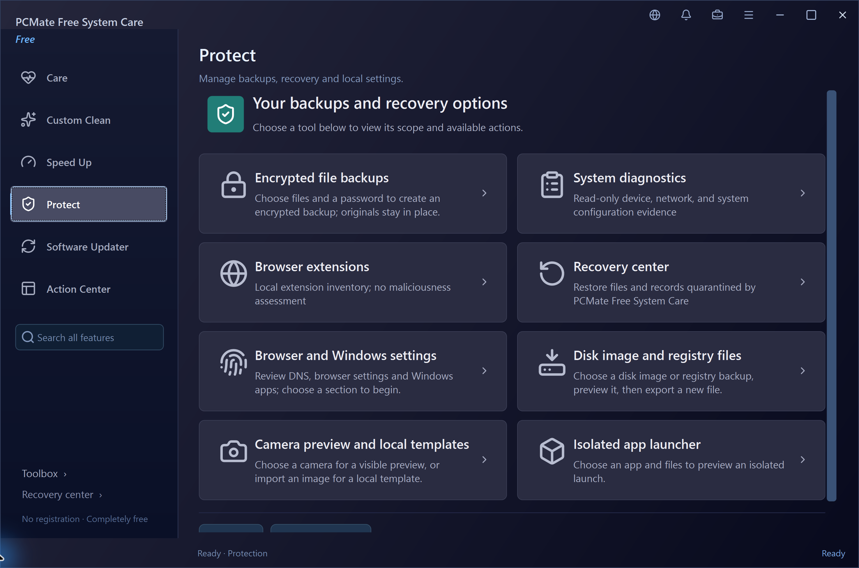 PCMate Free System Care Protect in the real Windows application