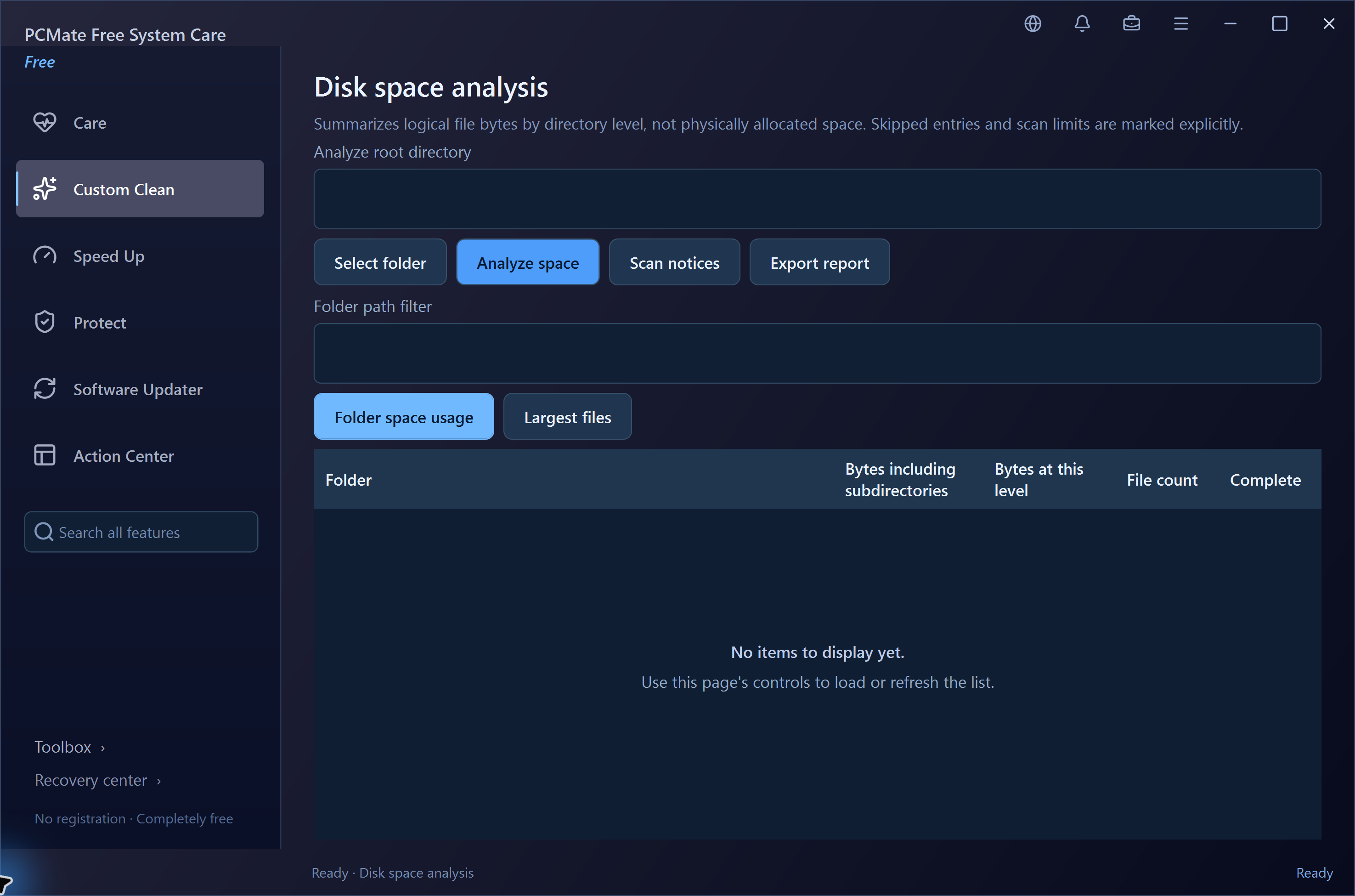 PCMate Free System Care Disk space analysis in the real Windows application